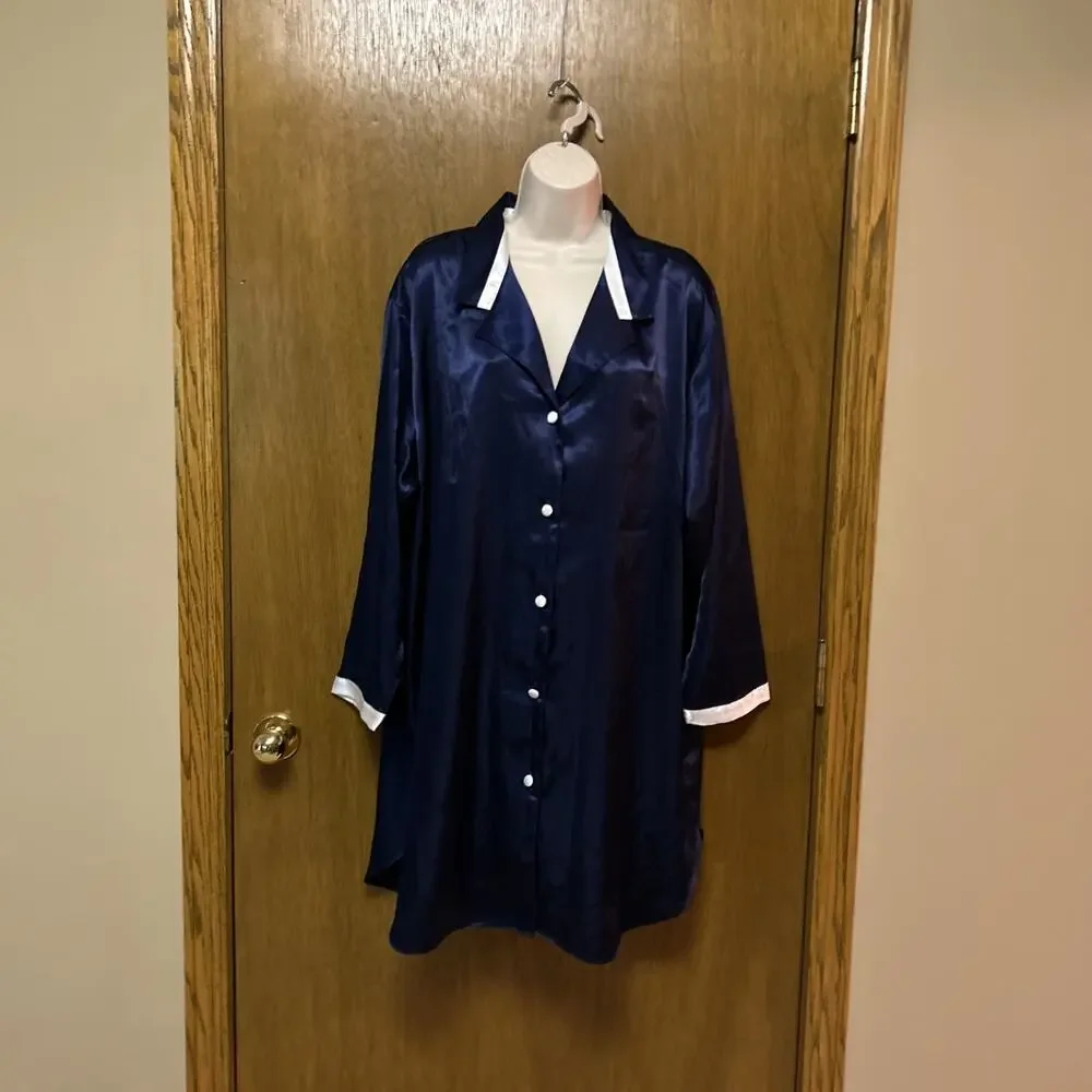 Morgan Taylor Intimates 2X NIGHT SHIRT Liquid SATIN Button Front NAVY BLUE F25 - Picture 2 of 9
